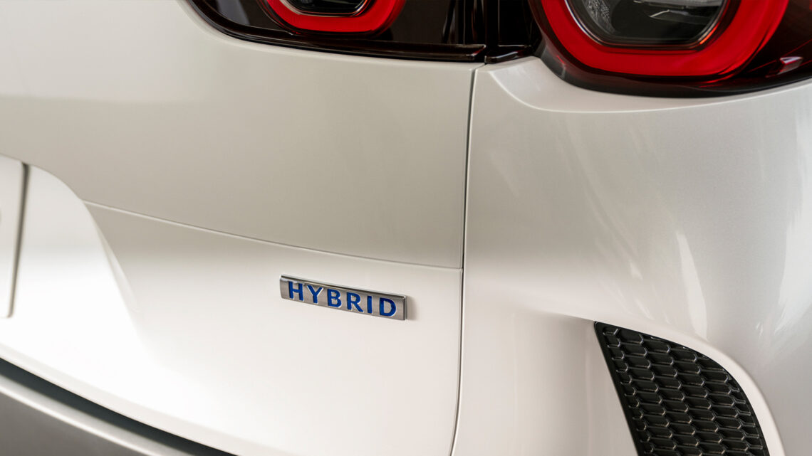Close-up on Mazda CX-50 "hybrid" placard